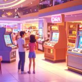 ゲームセンターでガチャガチャを探しているカップル