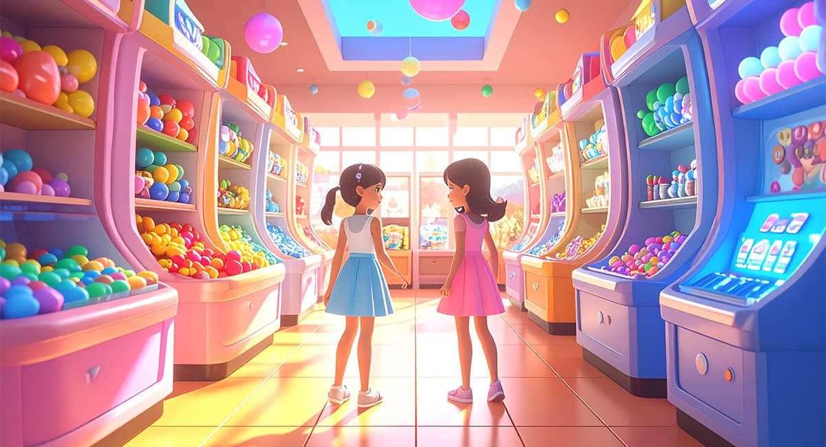 ゲームセンターでガチャガチャを探している女の子2人
