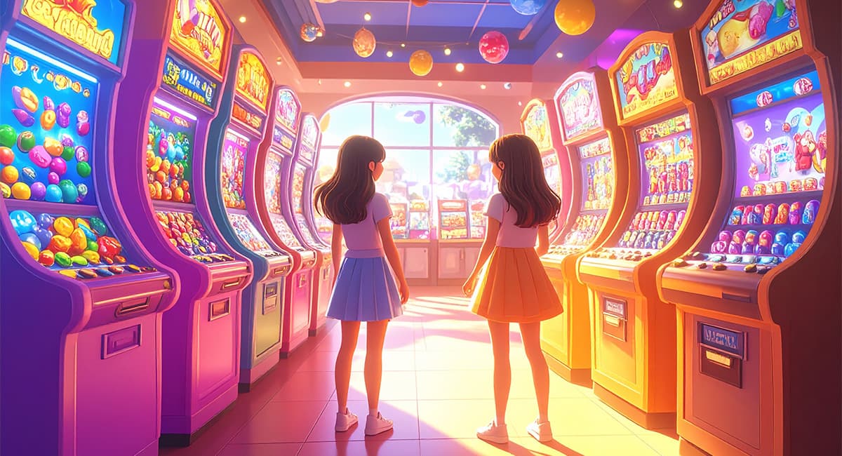 ガチャガチャのコーナーの少女2人