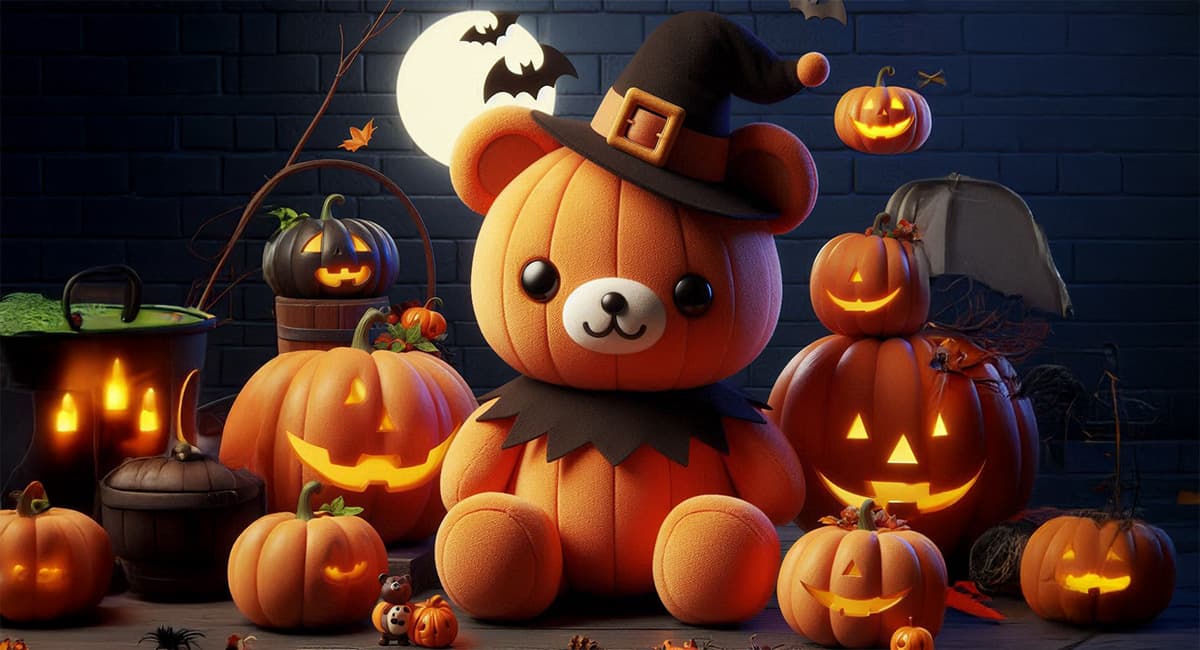ハロウィンくまのぬいぐるみとかぼちゃ