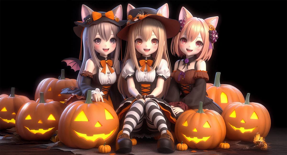 ハロウィン女の子3人コスプレとかぼちゃ