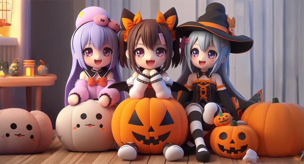 ハロウィン女の子3人コスプレとかぼちゃ
