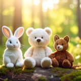 くま２匹とうさぎのぬいぐるみが森の中で並んでいる