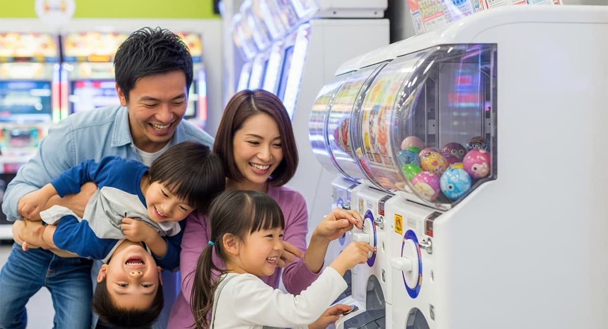ガチャガチャで遊ぶ家族5人
