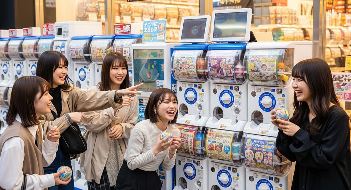 ガチャガチャで遊ぶ女性仲間5人