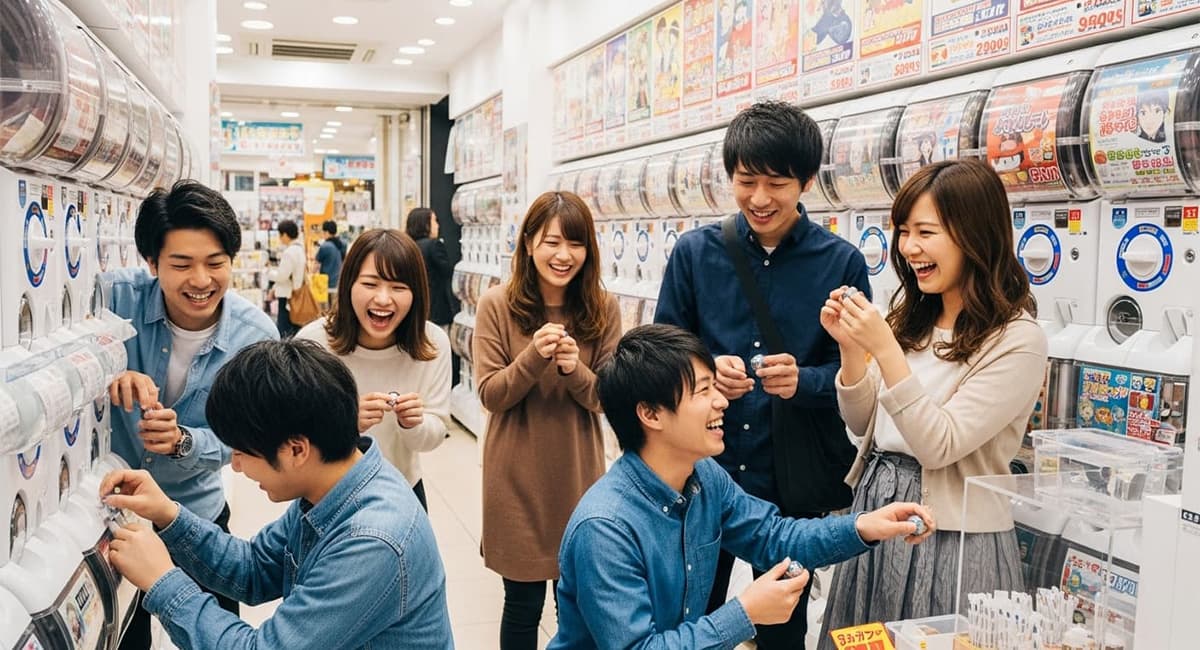 ガチャガチャで遊ぶ男女仲間たち