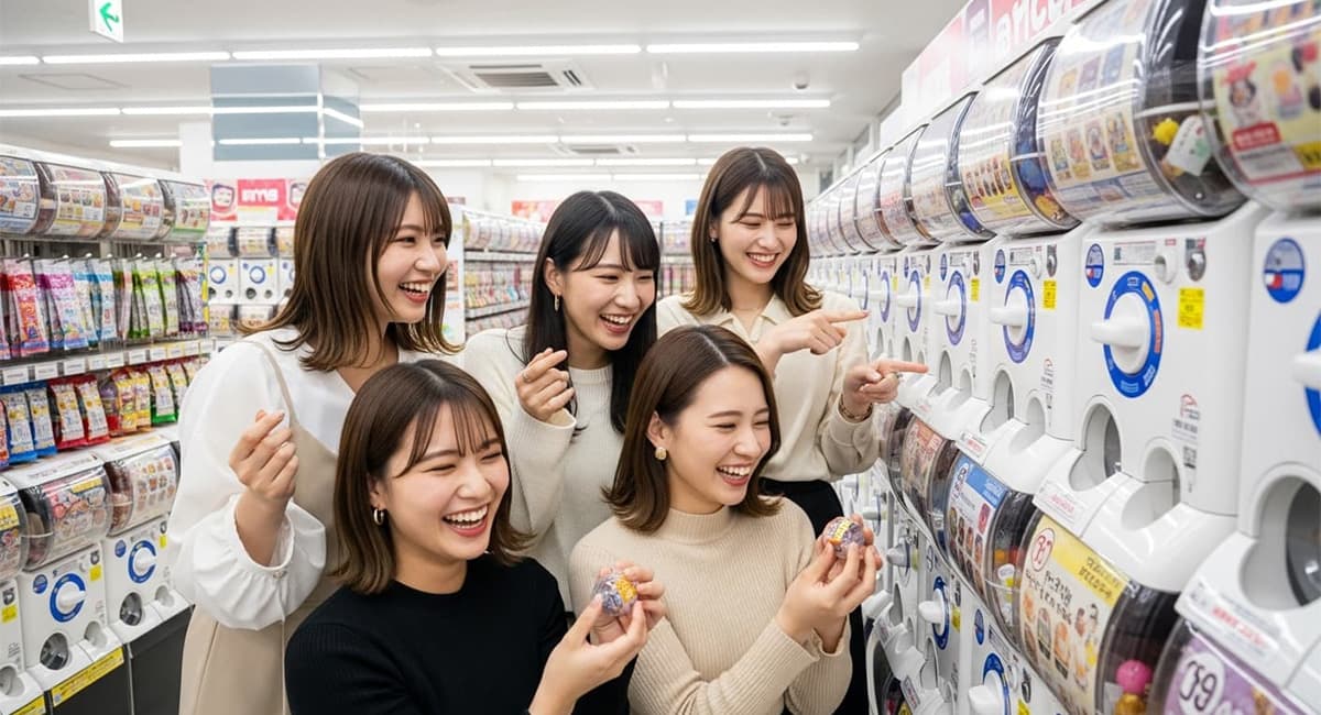 ガチャガチャで遊ぶ女性たち4人