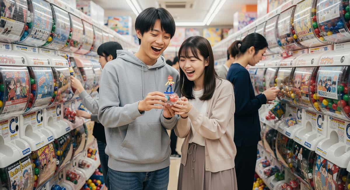 ガチャを見て喜んでいるカップル