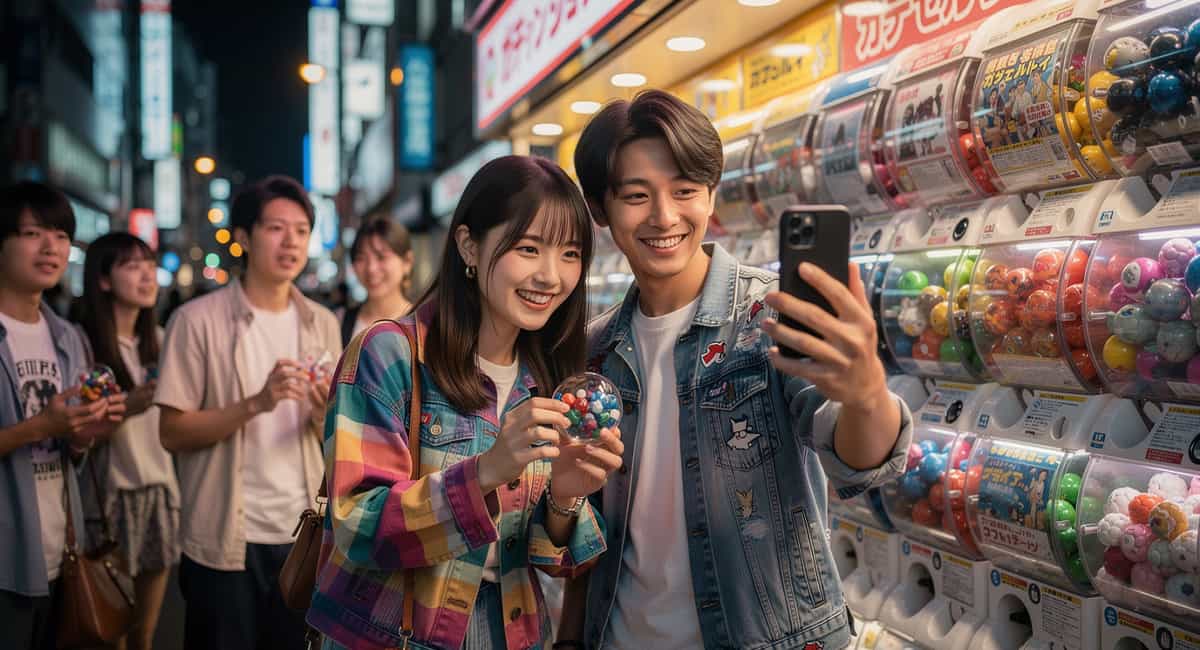 ガチャをSNSの動画撮影しているカップル