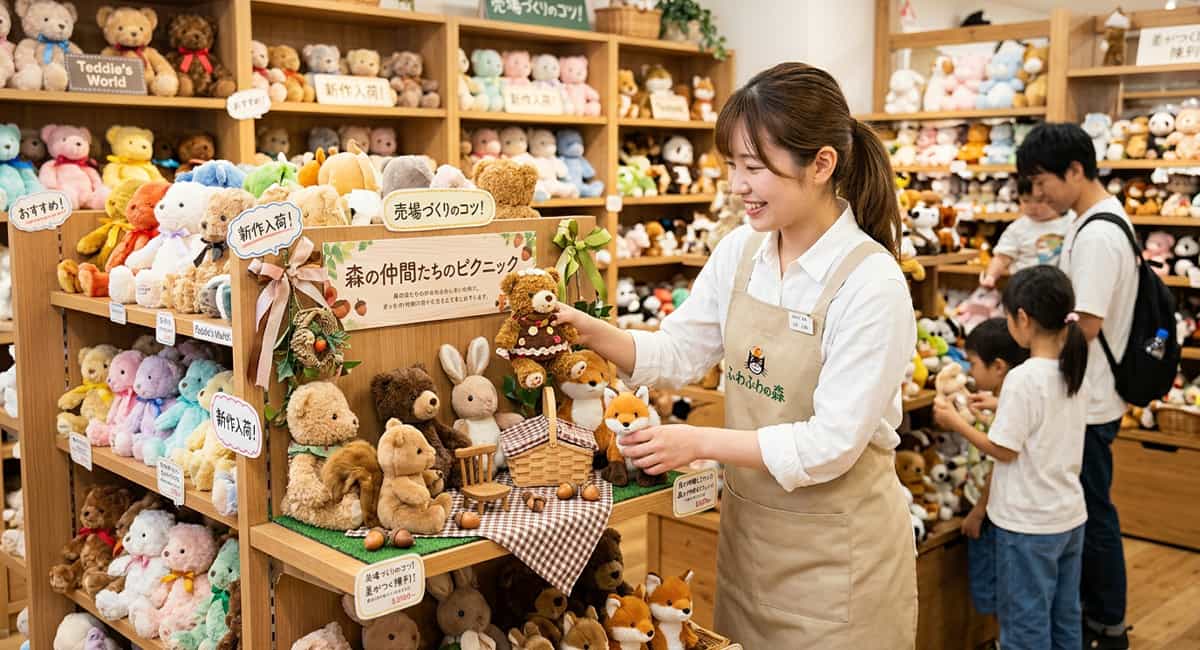 ぬいぐるみ店で陳列作業をしている女性店員