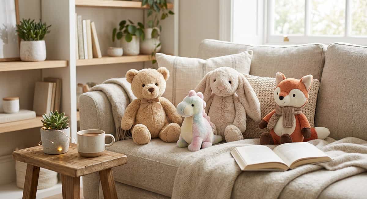 リビングでぬいぐるみがソファーに並べてある