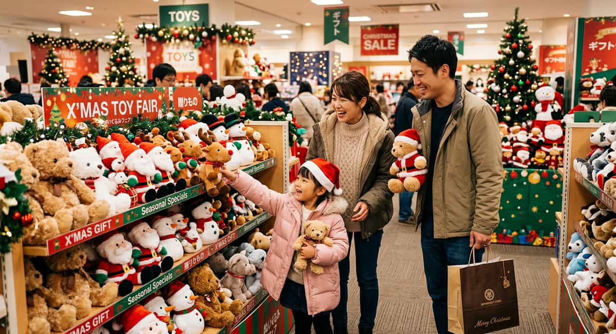 ぬいぐるみ店で家族連れでぬいぐるみを選んでいる